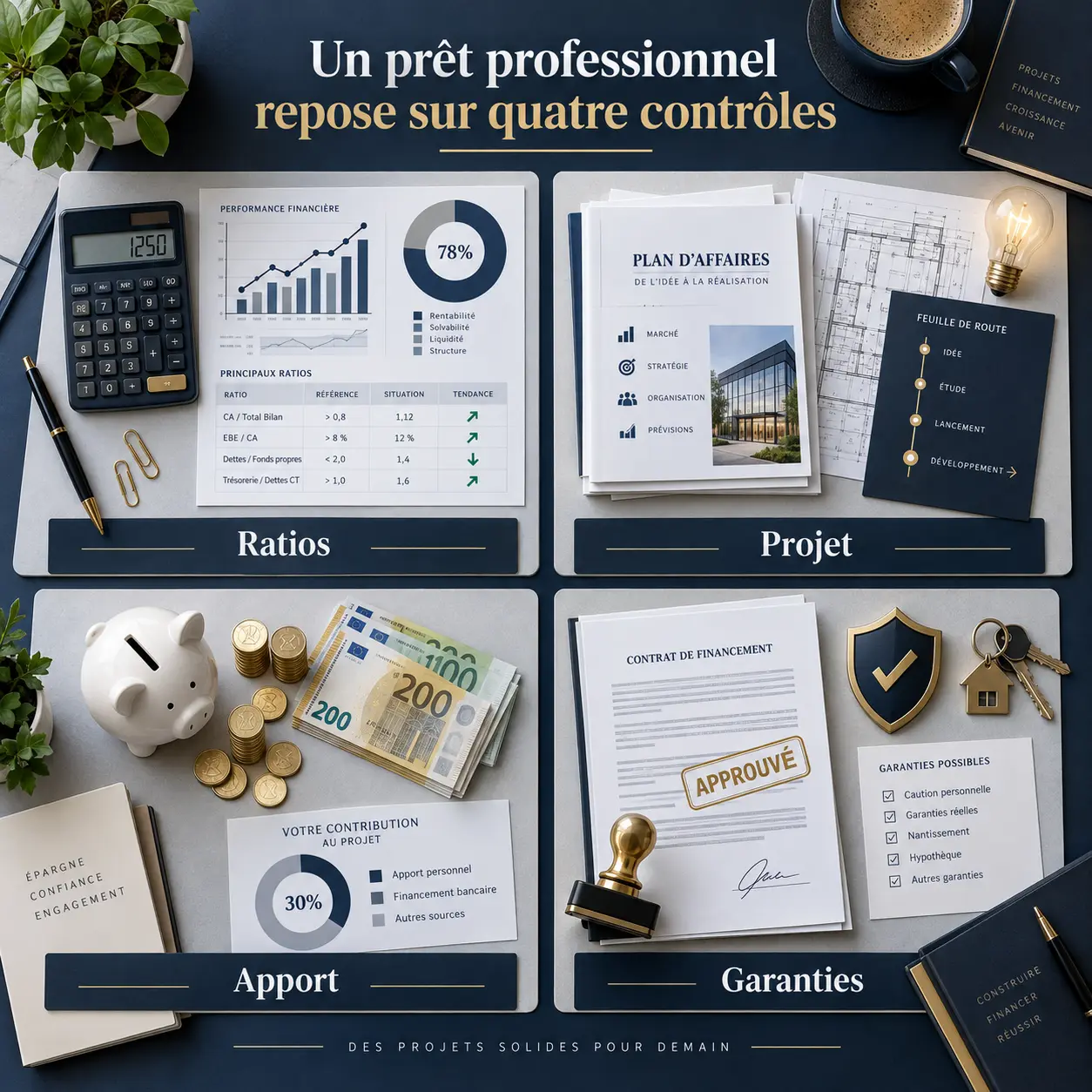 Un prêt professionnel repose sur quatre contrôles : ratios, projet, apport et garanties