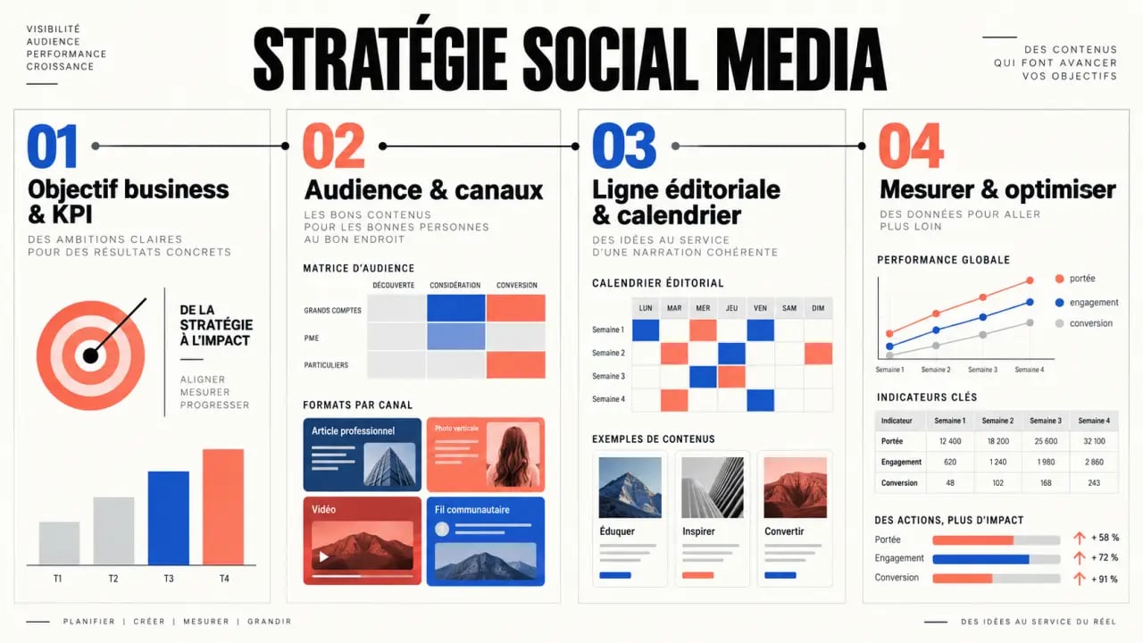 Infographie des étapes d'une stratégie social media, des objectifs aux KPI et à l'optimisation