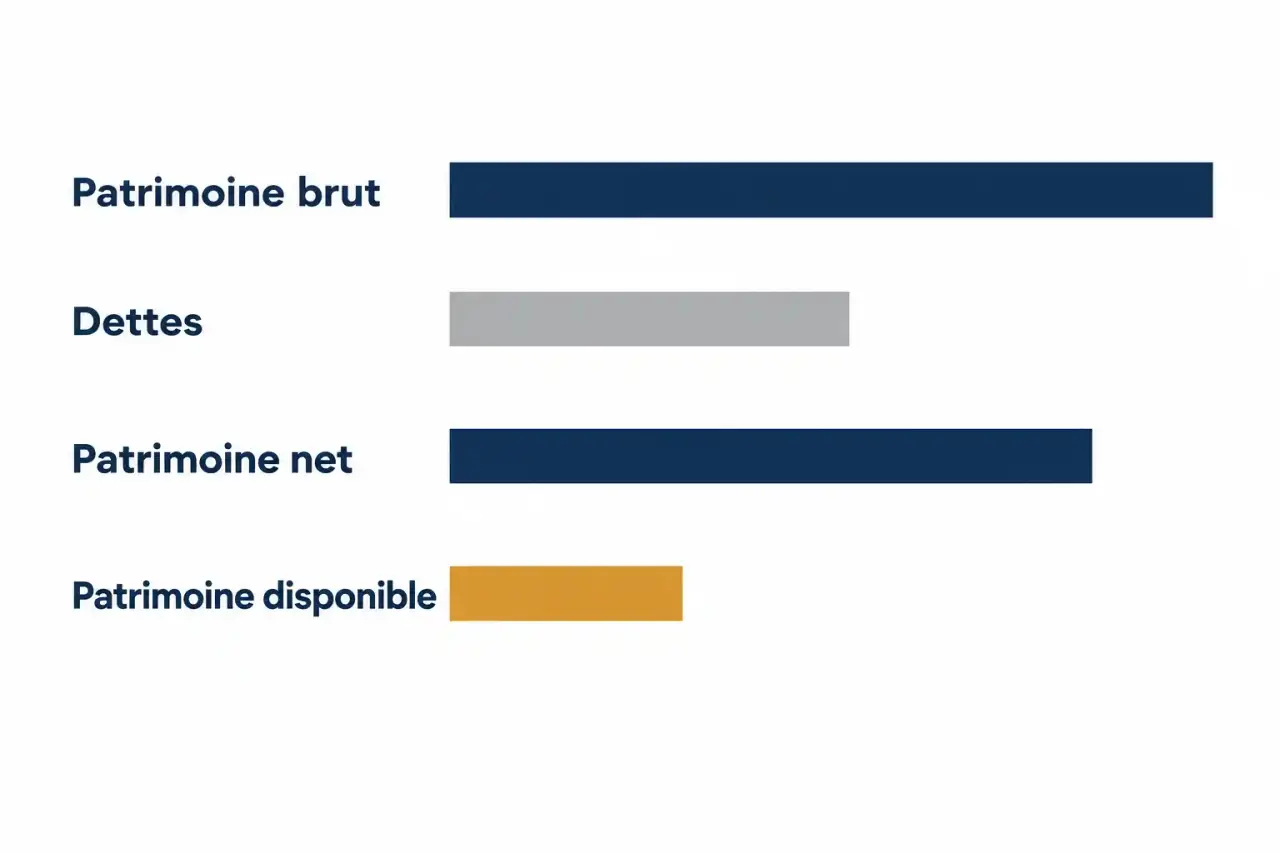 Schéma de la stratégie patrimoniale : patrimoine brut, dettes, patrimoine net et patrimoine disponible