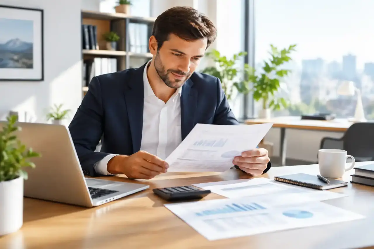 Dirigeant consultant un bilan comptable sur une table de travail lumineuse