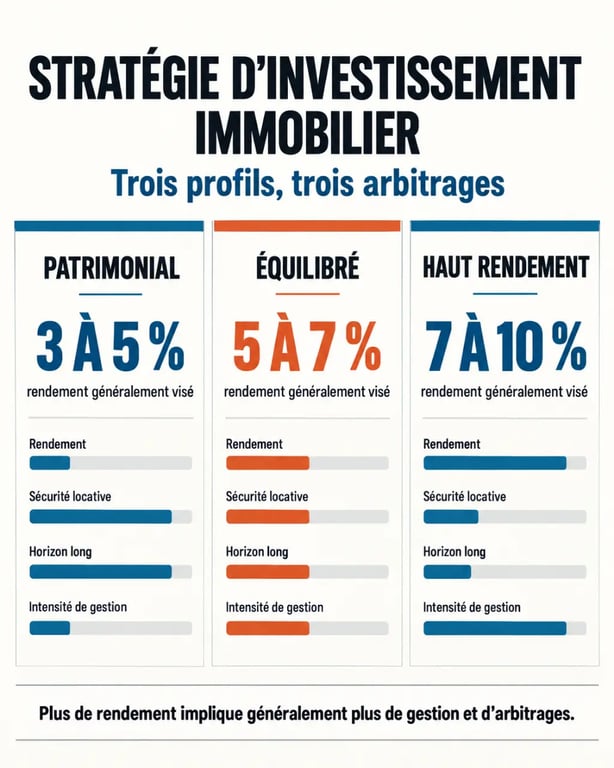 Infographie sur la stratégie investissement immobilier et les niveaux de rendement selon le profil