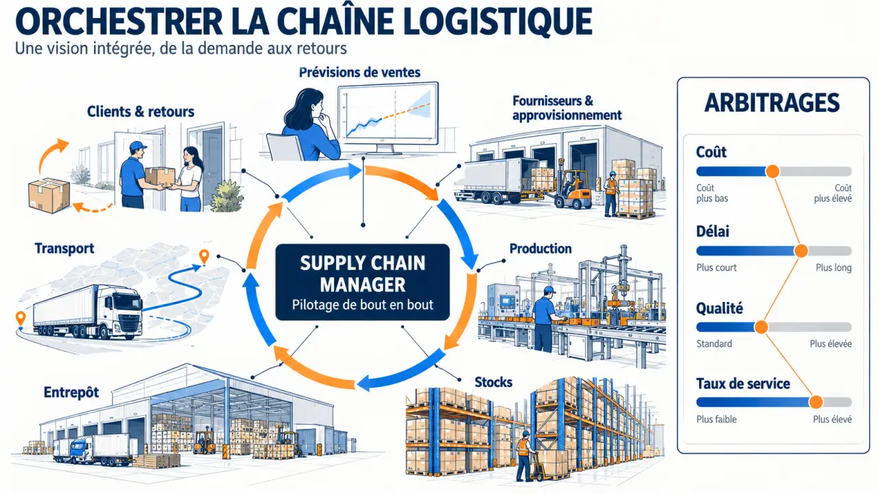 Schéma du rôle du supply chain manager dans le pilotage des flux, des fournisseurs aux clients et aux retours
