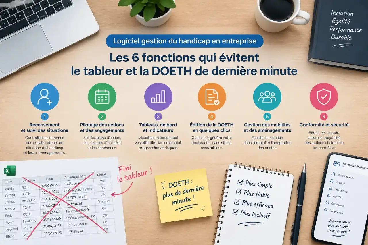 Logiciel gestion du handicap en entreprise : les 6 fonctions qui évitent le tableur et la DOETH de dernière minute