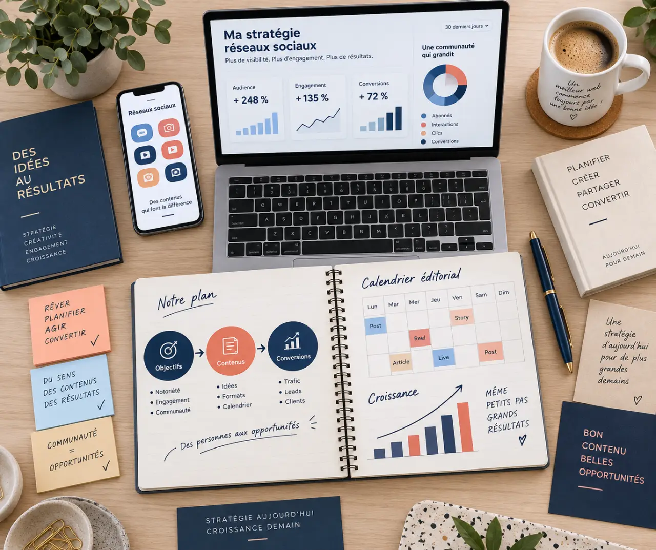 Une stratégie social media relie objectifs, contenus et conversions