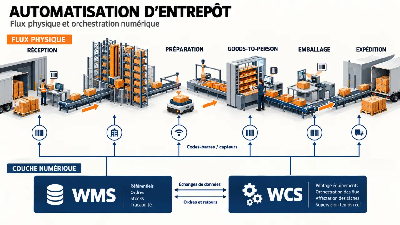 Schéma du fonctionnement d’une automatisation d’entrepôt avec WMS, WCS, robots et flux logistiques