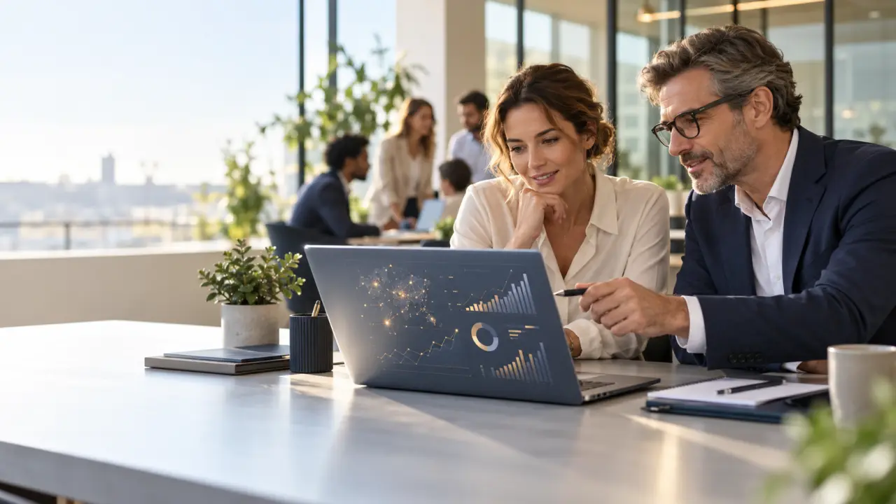 Directeur administratif et financier analysant des données avec une intelligence artificielle dans un bureau moderne