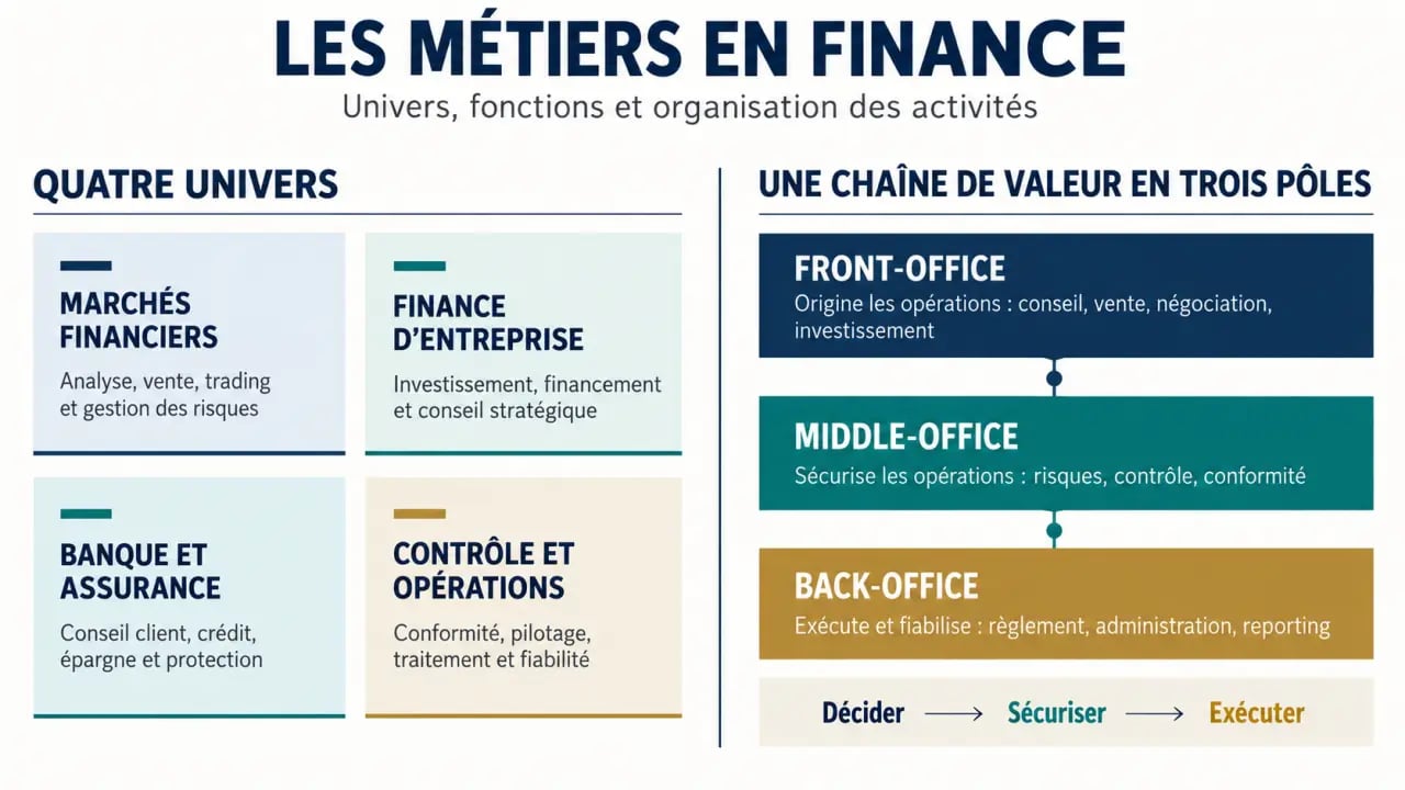 Infographie sur un métier en finance et les principaux univers du secteur