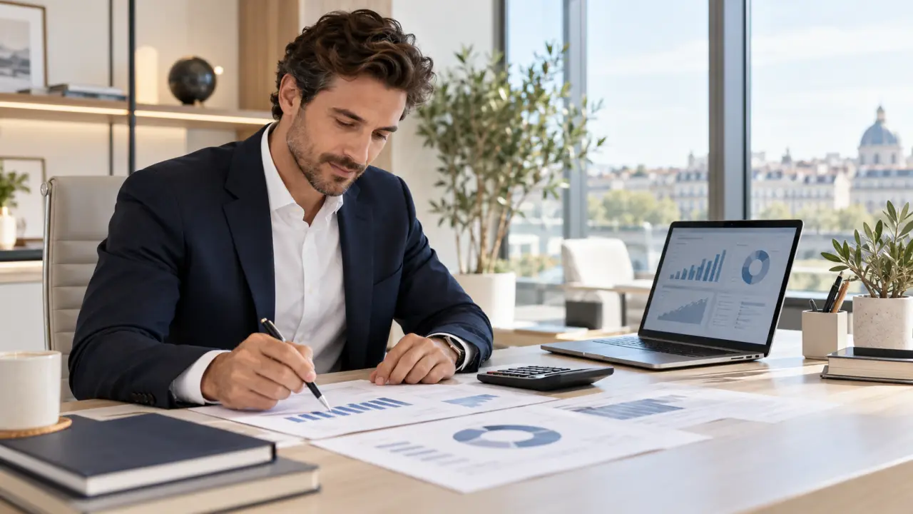 Dirigeant analysant un bilan financier avec des graphiques et des documents comptables