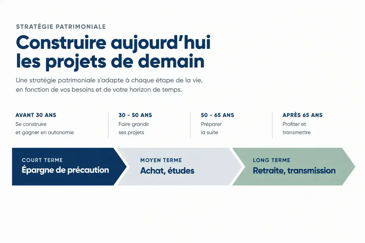 Frise des étapes d'une stratégie patrimoniale par horizon de placement et par âge