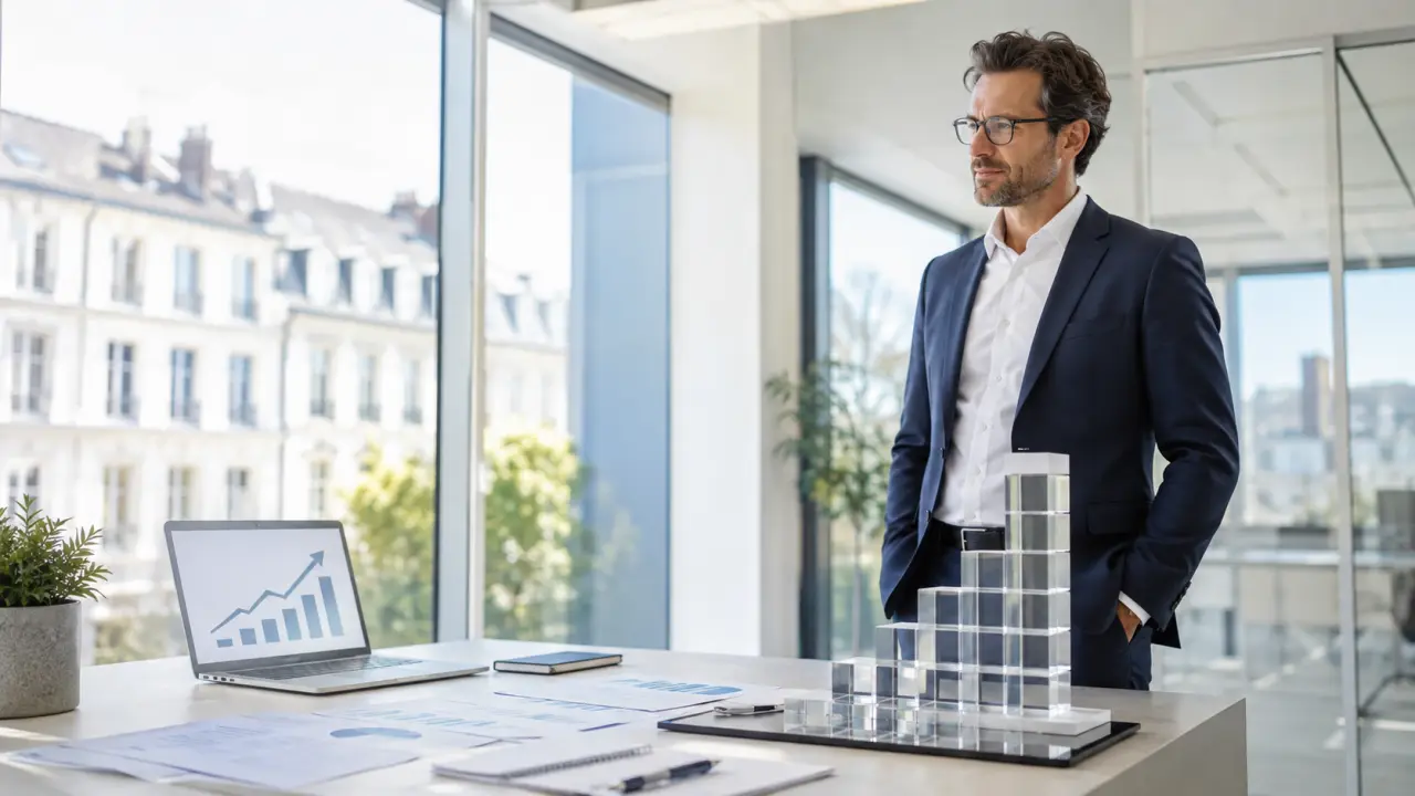Bureau de direction moderne et lumineux avec graphiques financiers sur écran
