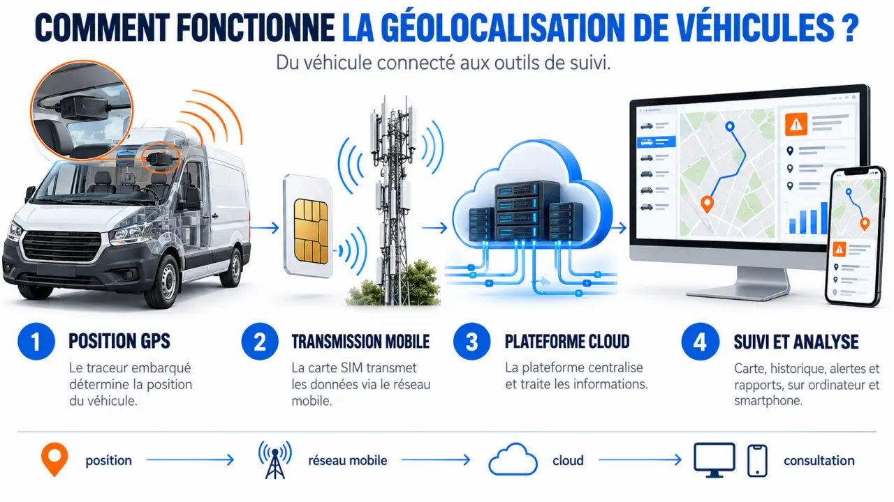 Schéma du fonctionnement d’un logiciel de géolocalisation avec traceur GPS, réseau mobile et plateforme cloud
